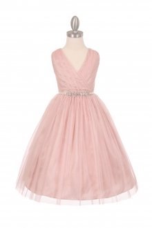 Blush Tulle V-Neck with Removable Rhinestone Grossgrain Tape Sash Flower Girl Dress